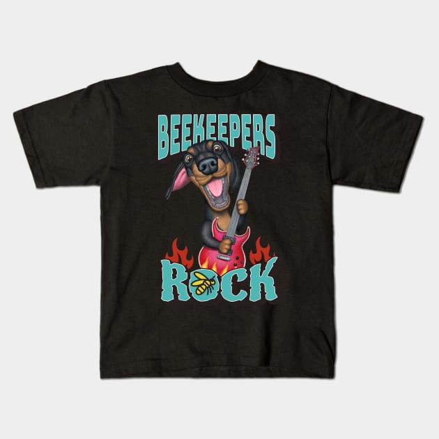 Cute funny Beekeepers Rock with dachshund doxie dog with guitar tee Kids T-Shirt by Danny Gordon Art